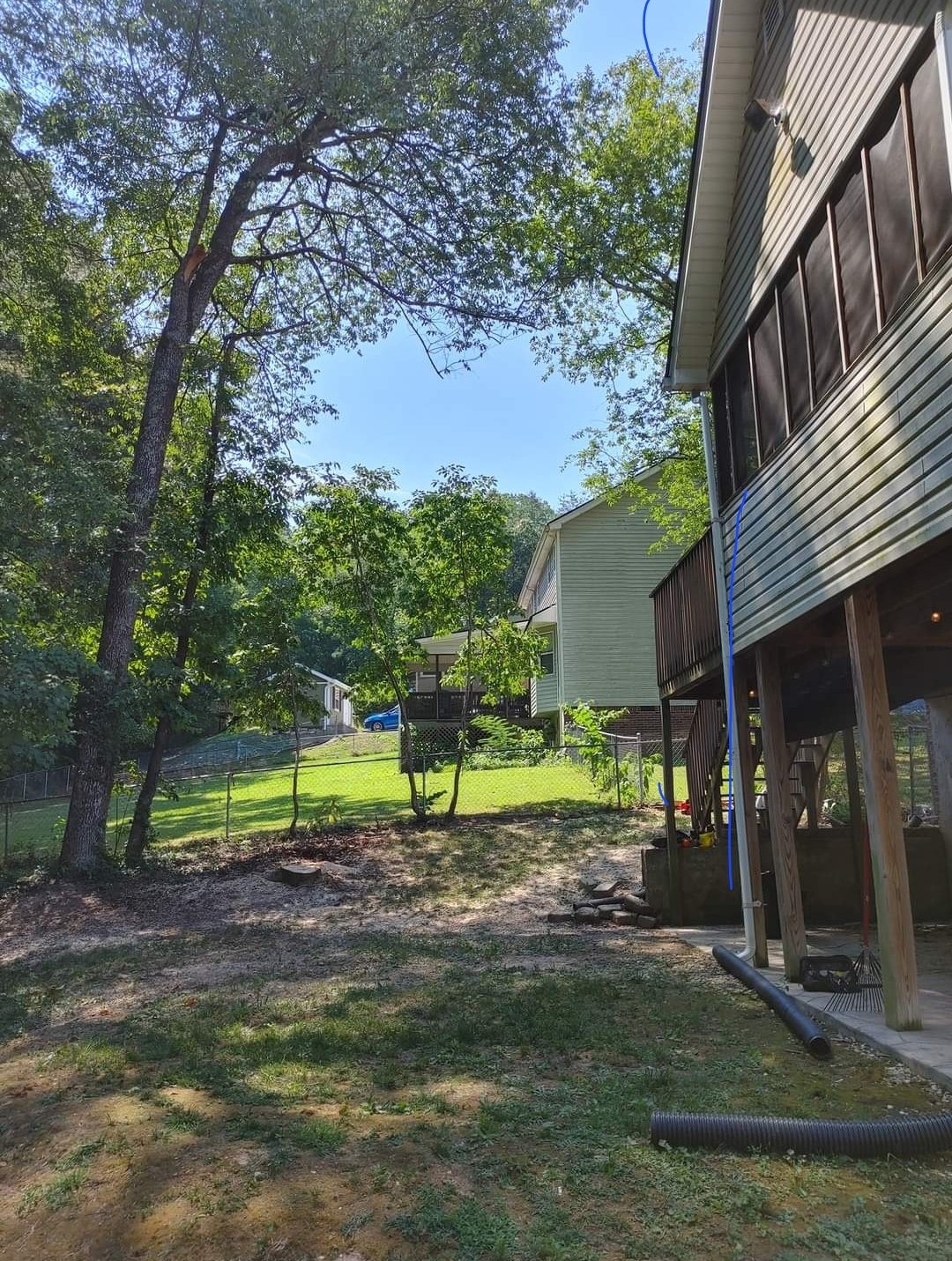 Same yard and house after the leaning tree was removed